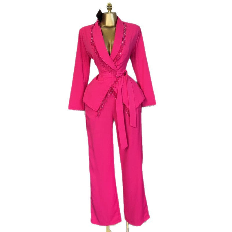European and american cross-border women's fashion:  autumn/winter new collection - statement blazer with heavy-duty tie detail and wide-leg trousers set