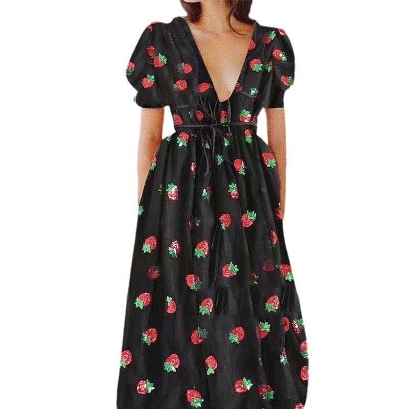 cross-border french strawberry sequin sweet maxi dress - four colors, mesh overlay, tie-waist, slim-fit fashion dress