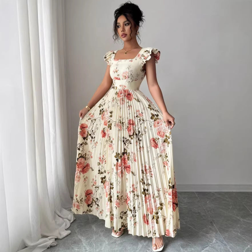 European and american spring/summer floral women's digital print pleated vacation style ruffle waist elegant romantic women's dress