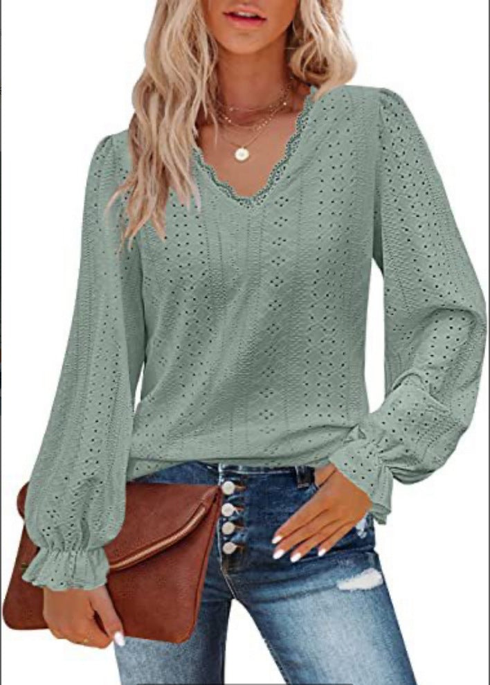 new women's fashion cross-border european and american v-neck t-shirt with cutout detail, casual ruched sleeve top blouse