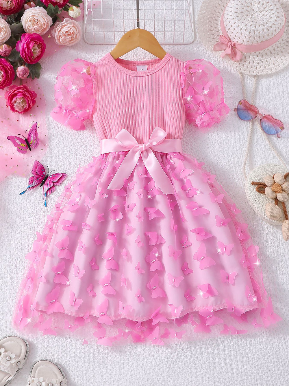 Girls' dress for toddlers and young children, corset-style dress with 3d butterfly flutter sleeves