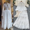 French court style two-piece set: women's high-end hollow-out lace patchwork lantern sleeve blouse and high-waisted flared midi skirt