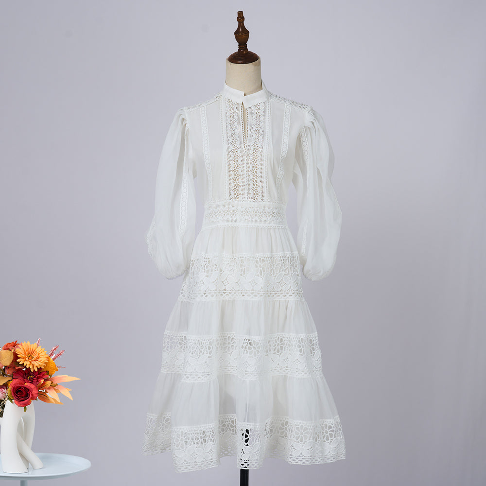 export solid color organza dress with semi-open collar, lantern sleeves, mid-sleeve, lace patchwork, and cinched waist mini dress