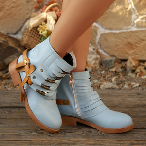 exportplus size women's cross-border high-heeled round toe belt buckle side zipper thick heel casual short boots plus size women's shoes