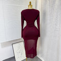 European and american cross-border e-commerce spring/autumn new v-neck stretch mesh bodycon sexy solid color midi dress
