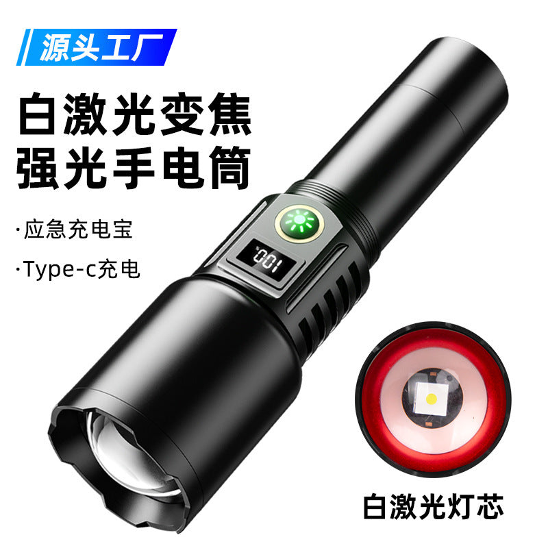 Cross-border new strong light white laser wick charging multi-function telescopic zoom remote focus outdoor lighting flashlight