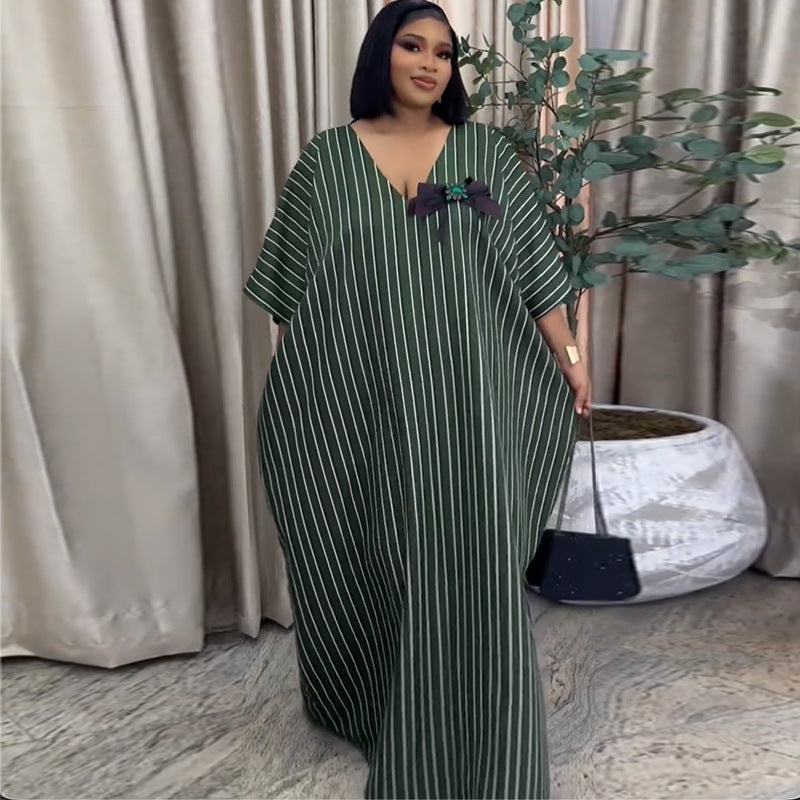 European and american cross-border african women's clothing  spring new arrival: elegant v-neck green striped bowknot loose dress