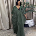 European and american cross-border african women's clothing  spring new arrival: elegant v-neck green striped bowknot loose dress