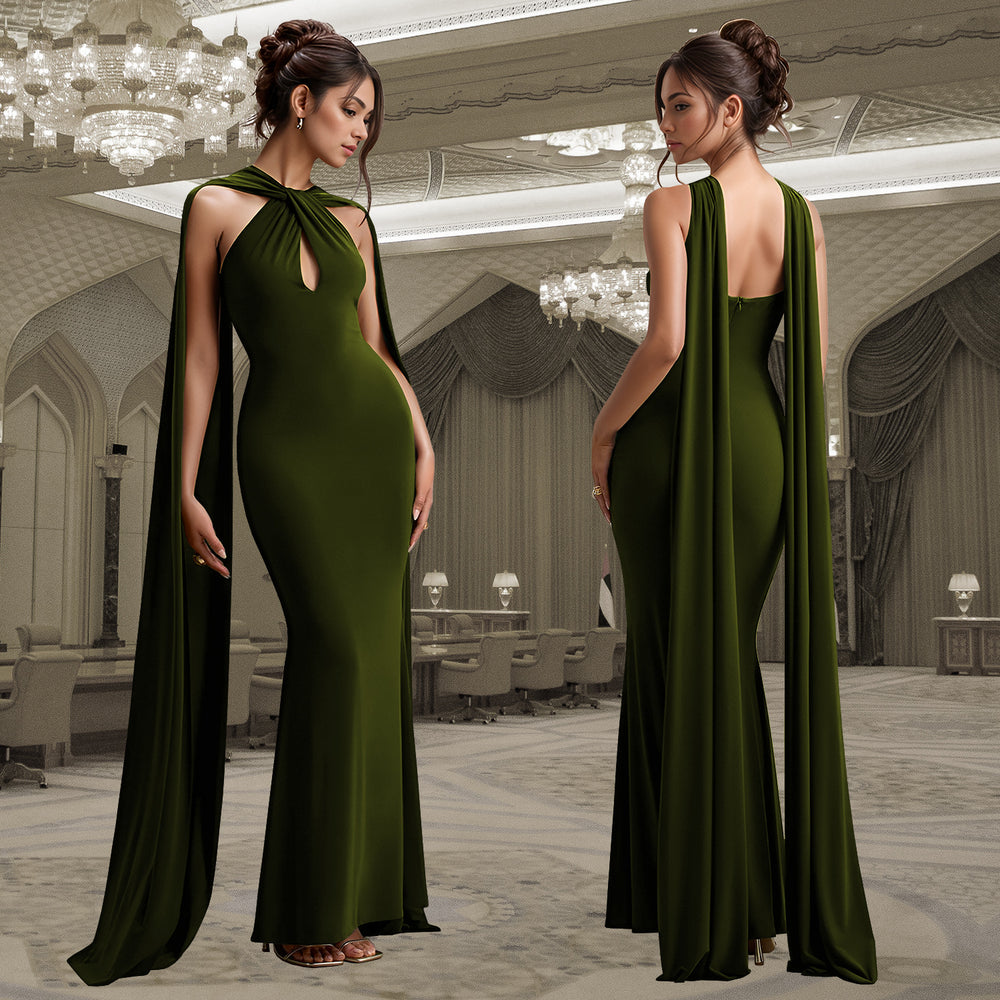C7278 cross-border   fashion women's casual elegant long dress with ribbon detail - solid color