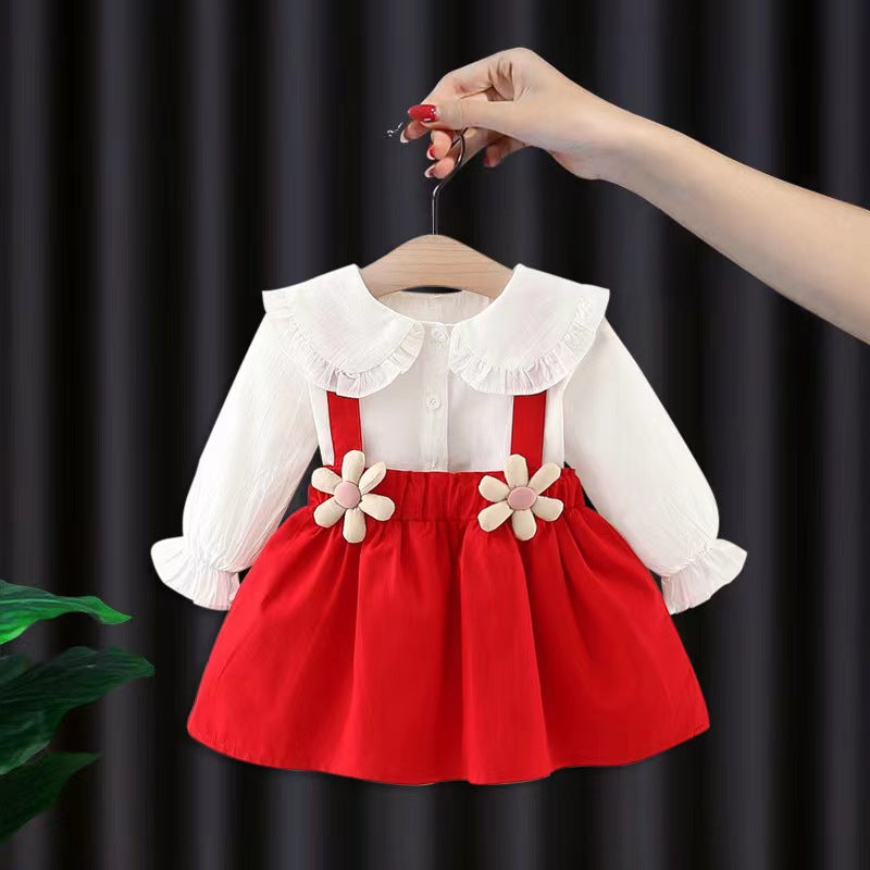 New autumn collection: girls' white blouse + suspender skirt two-piece set - little girl's long-sleeve dress outfit