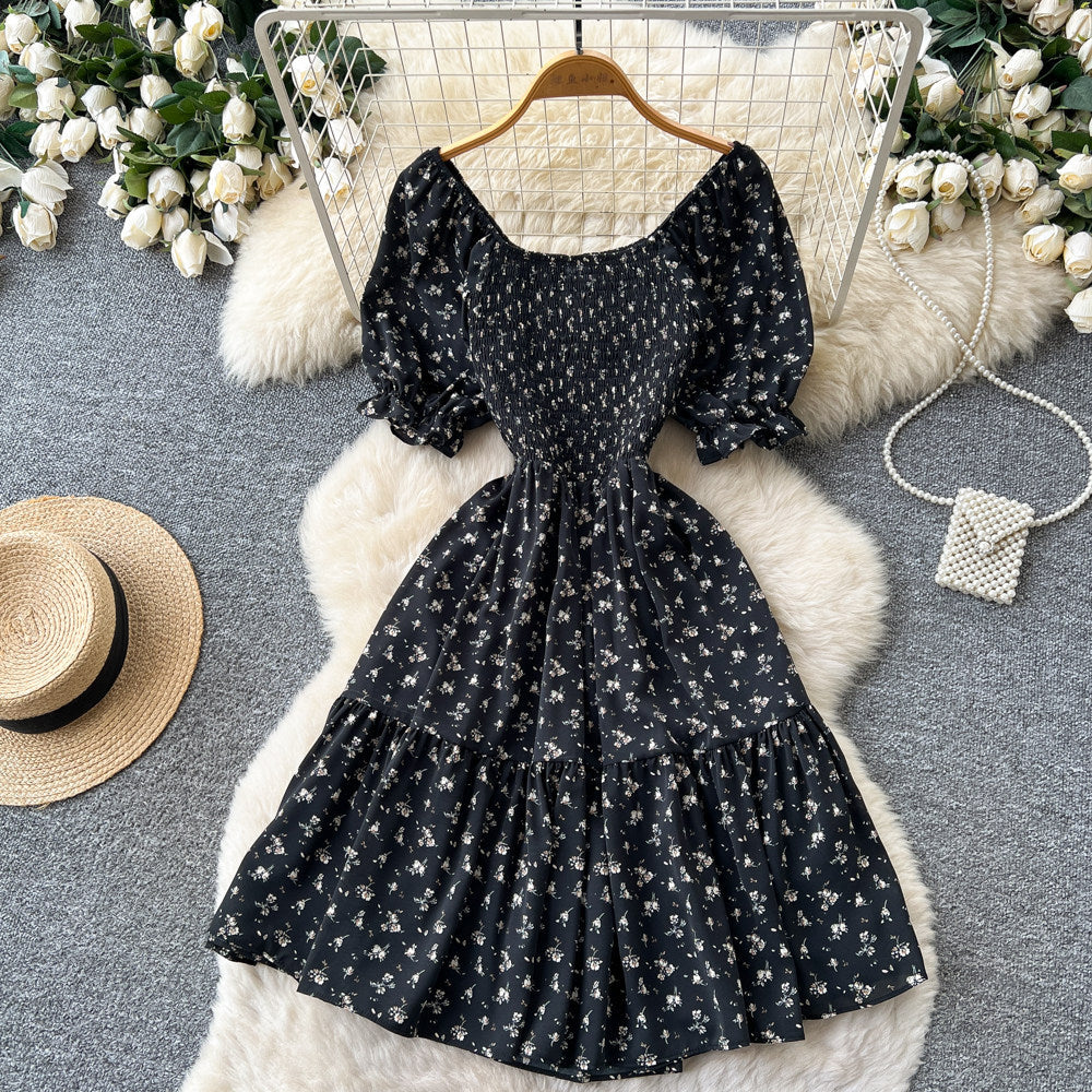 Korean style red floral print shirred waist pleated dress - women's summer puff sleeve square neck high waist a-line dress - romantic & chic