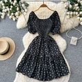 Korean style red floral print shirred waist pleated dress - women's summer puff sleeve square neck high waist a-line dress - romantic & chic