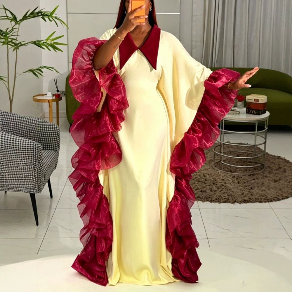 African plus size loose lapel batwing sleeve dress - tiered ruffle hem party bubu gown