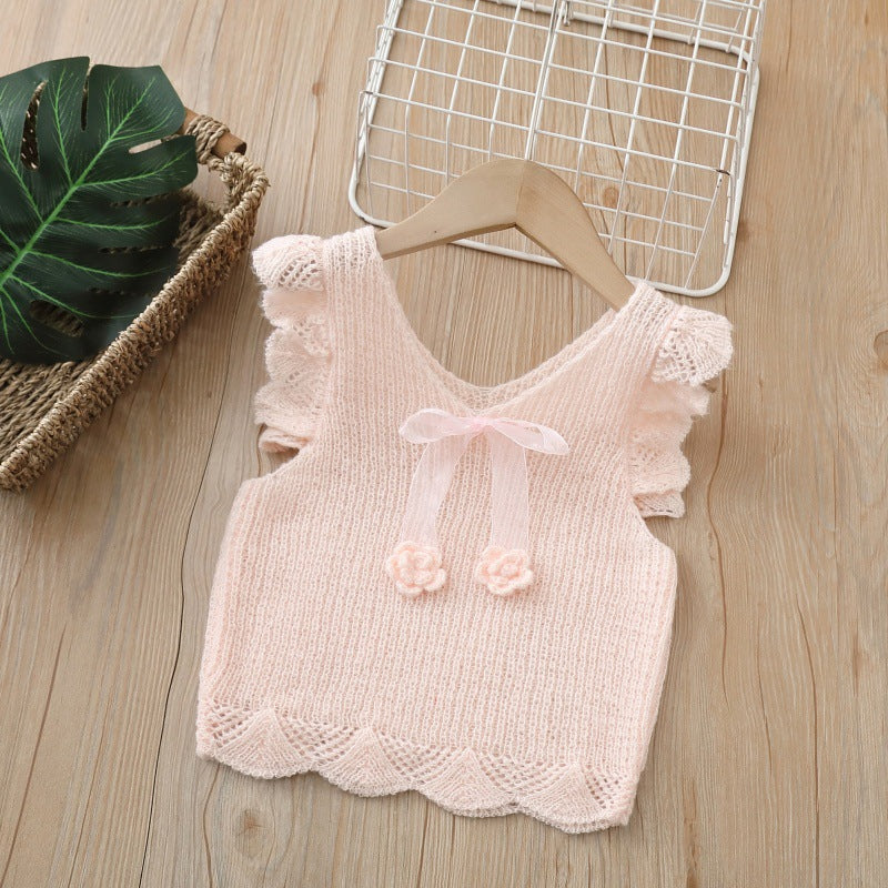 Spring/summer new girls' tank top with handmade floral bow, sweet knitted vest, girls' spring/summer outfit set