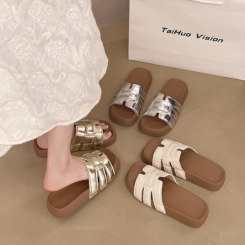 Casualthick sole sandals women's new arrival woven frenchfashionelegantcasual one-line beach soft bottom slippers for women
