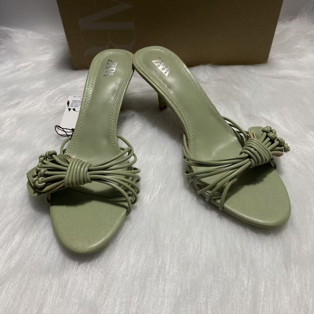 Za's 2025 new women's shoes: green petal low-heel elegant socialite pumps, closed-toe, low-cut, back-strap flats