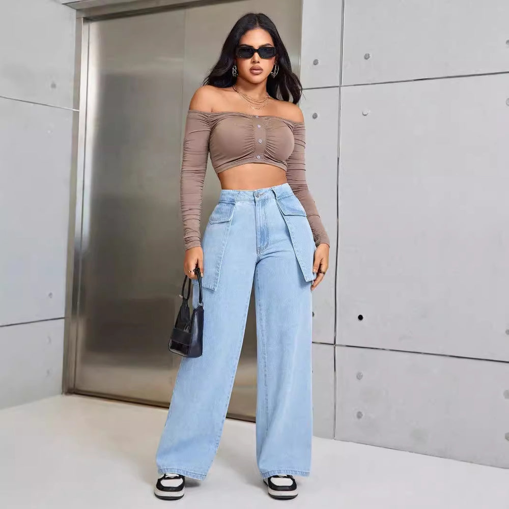50-presale 15312## cross-border fashion and foreign trade women's fashion casual wide-leg large pocket denim long