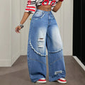 Fashionjeans women's high waist polished white ripped raw edge patchwork loose pants washed blue loosedrapedmoppants