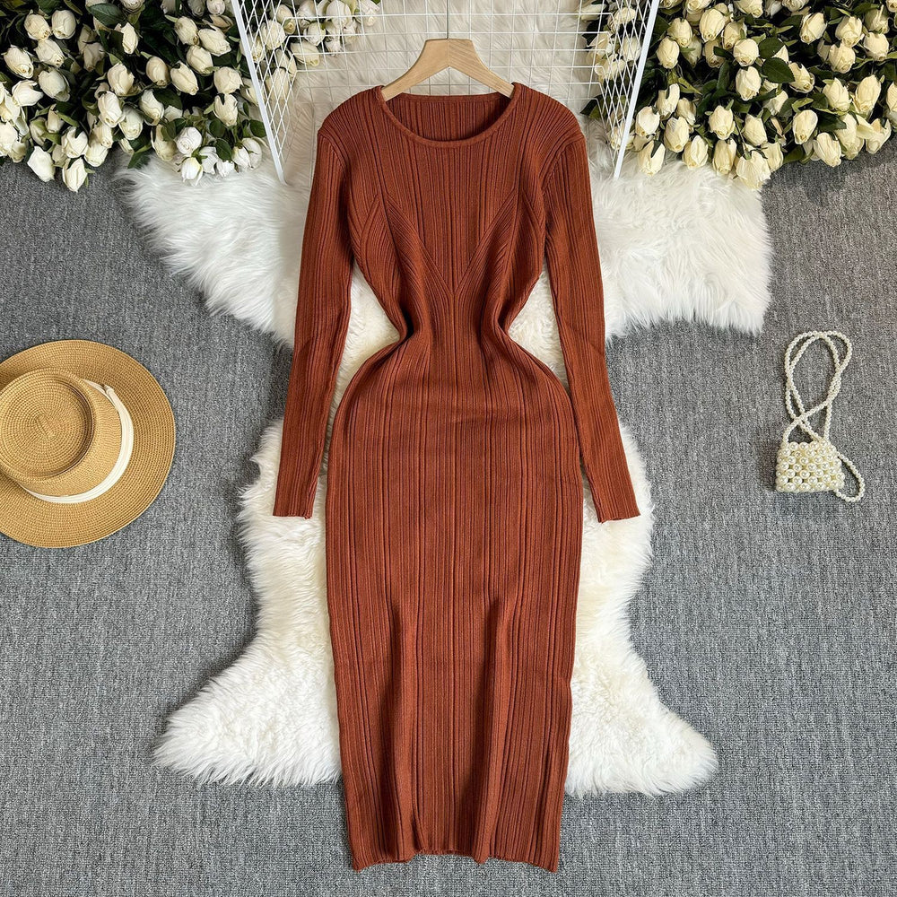 European and american style minimalist sexy ribbed bodycon knit dress - autumn solid color basic skirt - pencil skirt for women