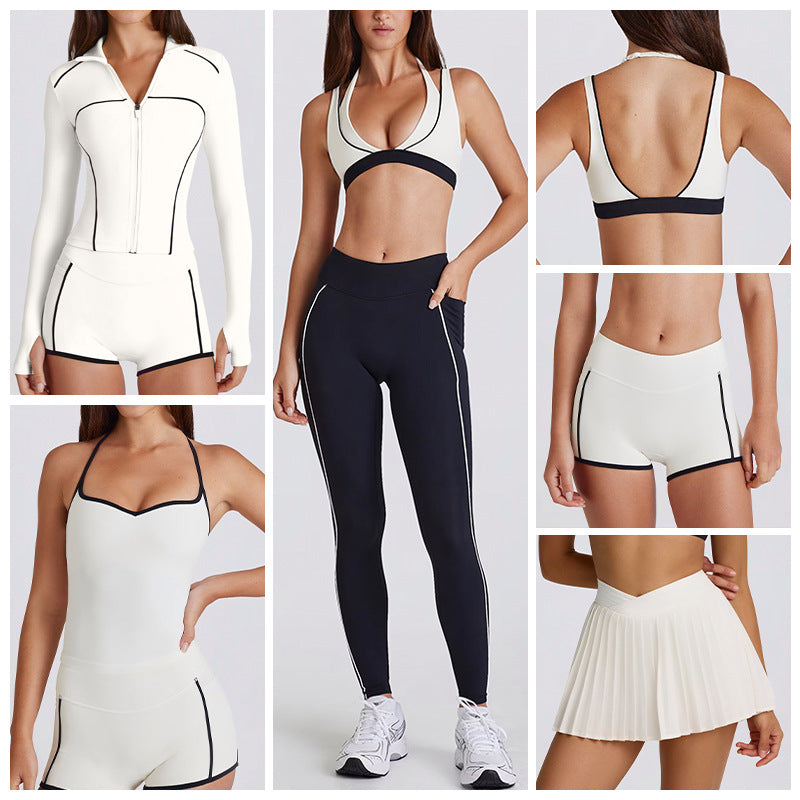 Contrast color bra tops long sleeves short sleeves pants shorts skirts pleated skirts zipper outwear yoga clothes six-piece suit