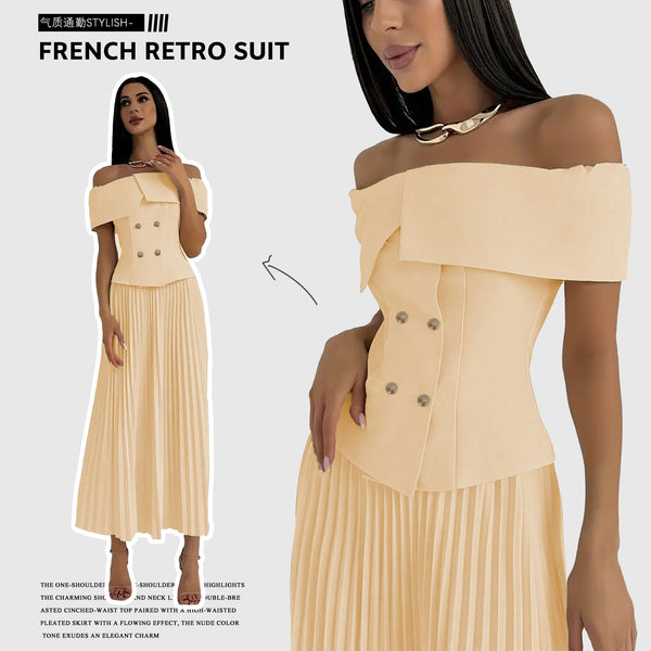 M3247 European and American   women's clothing two-piece set elegant front button off-the-shoulder top pleated long skirt set