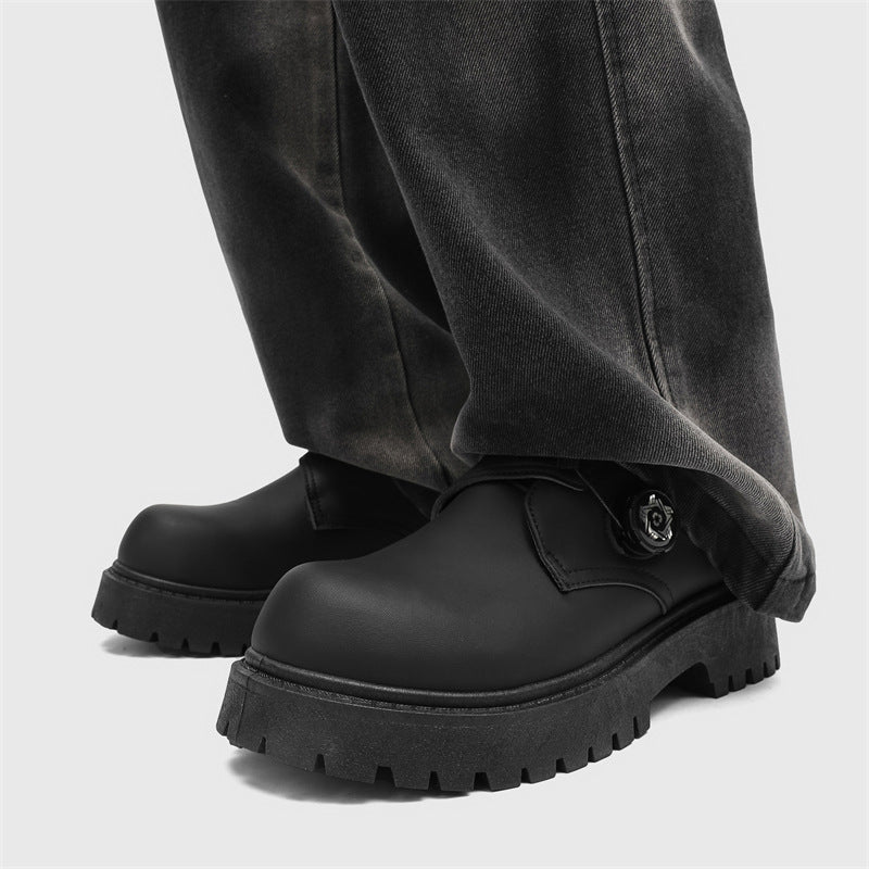 Men's leather dress shoes: spring casual retro chunky platform derby shoes, british style black wide fit trendy shoes