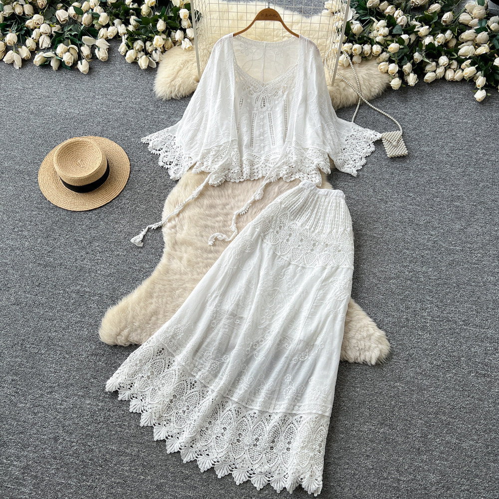 French chic lace cutout two-piece set for women - autumn 2026 elegant fashion outfit - white high-waisted set