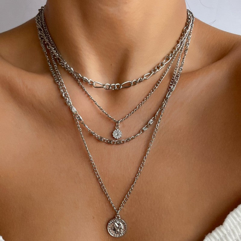 Wholesale alloy necklaces - new european and american cross-border style: minimalist diamond-studded rhombus square pendant, sun charm, multi-layer choker necklace for women