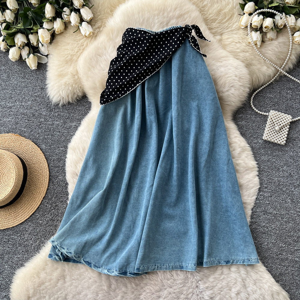 K-style light mature style polka dot silk scarf a-line skirt women's summercasualslimming look denim patchwork mid-length skirt work clothing