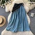 K-style light mature style polka dot silk scarf a-line skirt women's summercasualslimming look denim patchwork mid-length skirt work clothing