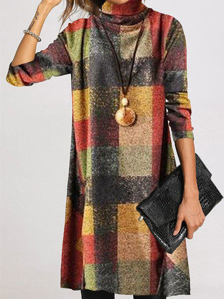 fall/winter new arrivals: trendy retro thickened french cashmere brushed turtleneck long-sleeve plaid dress