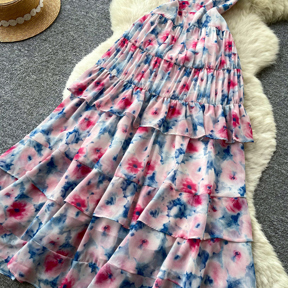 French riviera style printed cami dress - women's summer high-waisted a-line dress - slimming ruffle hem elegant maxi dress