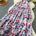 French riviera style printed cami dress - women's summer high-waisted a-line dress - slimming ruffle hem elegant maxi dress