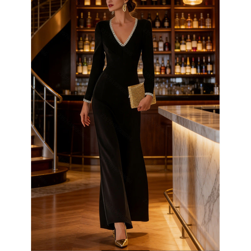 Women's spring/autumn fashionable and elegant v-neck ribbon trim slim-fit long sleeve maxi dress - perfect for casual wear
