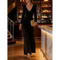 Women's spring/autumn fashionable and elegant v-neck ribbon trim slim-fit long sleeve maxi dress - perfect for casual wear