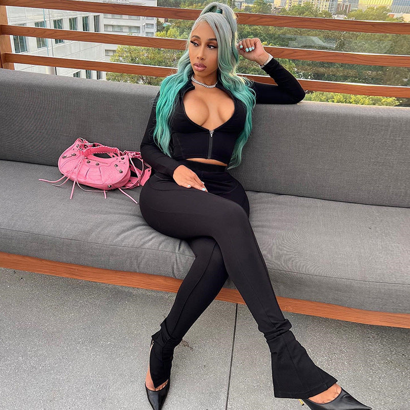 European and american cross-border  autumn new solid color zip-up stand collar long sleeve casual jacket fitness yoga outfit pants set