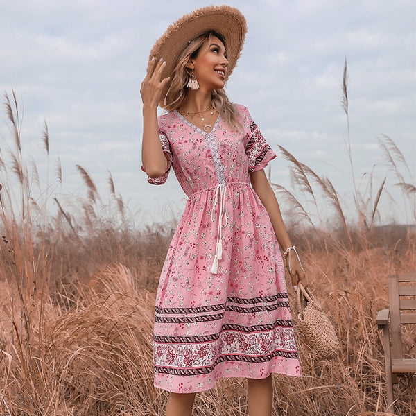 Independent Station Cross-border Foreign Trade Summer European and American Vintage Pastoral Pink Slim V-Neck Floral Dress