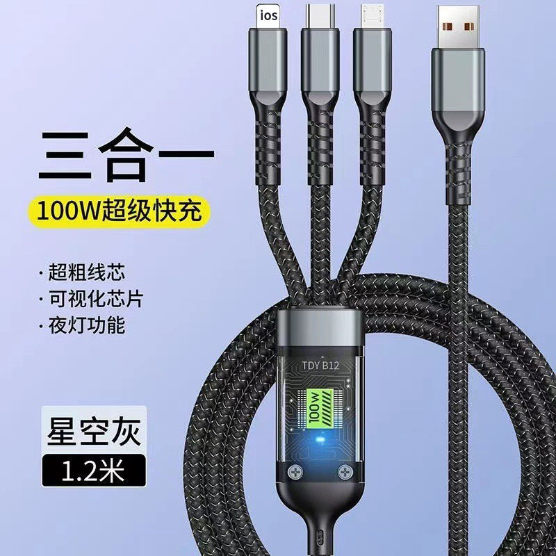 100w braided 3-in-1 fast charging cable - compatible with android, apple, huawei, and xiaomi phones