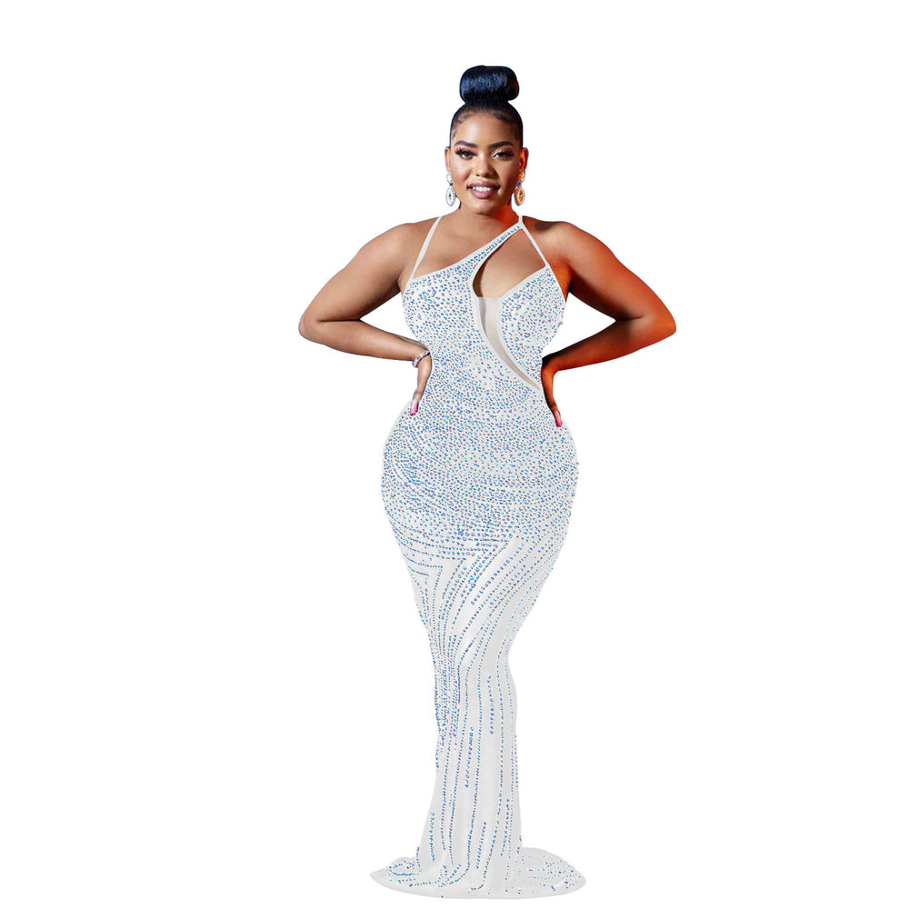 C6075 cross-border   fashion women's mesh rhinestone sleeveless v-neck maxi dress