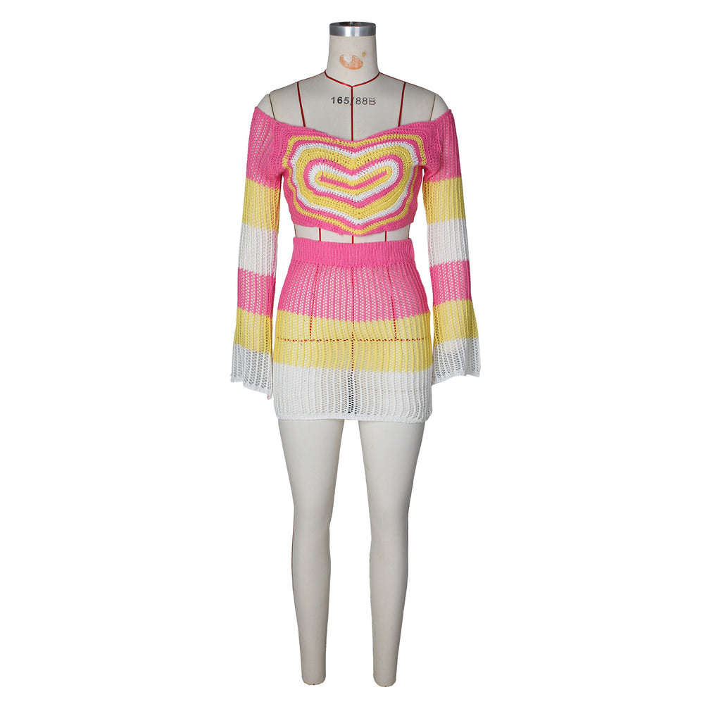 European and american style spring/summer fashion hand-crocheted heart knit multi-color slim-fit bodycon skirt two-piece set