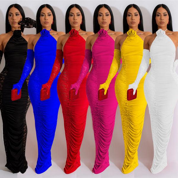 X6379   European and American fashion women's clothing solid color long gloves hollow lace long dress dress women