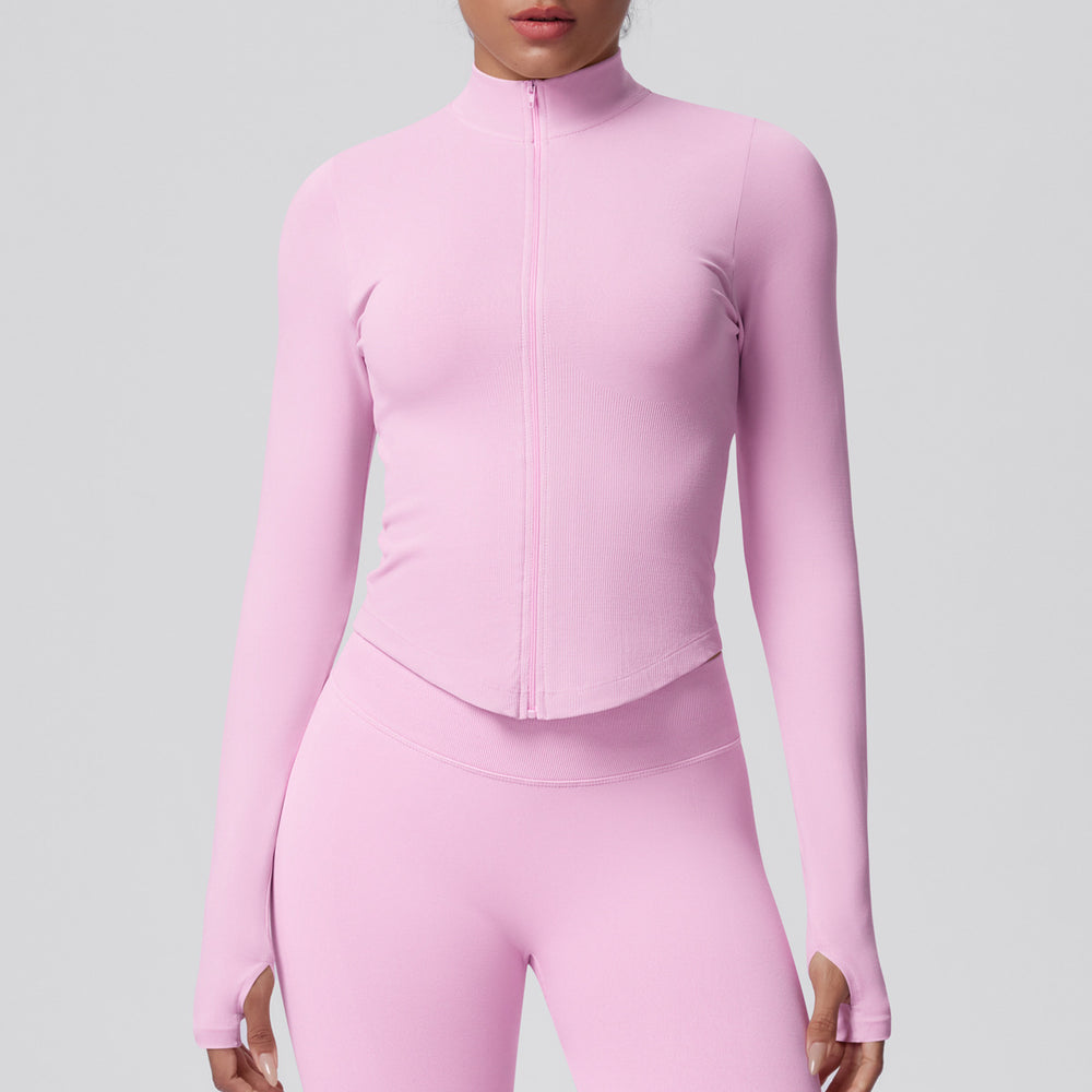 seamless pure color tight high elastic breathable stand collar zipper outwear sports running fitness yoga wear tops for women
