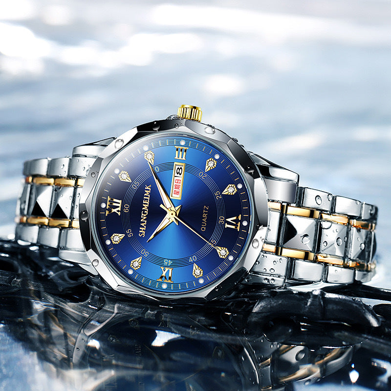 2025 men's watch - cross-border, luminous, waterproof, dual calendar, stainless steel band, quartz movement - wholesale for cross-border e-commerce