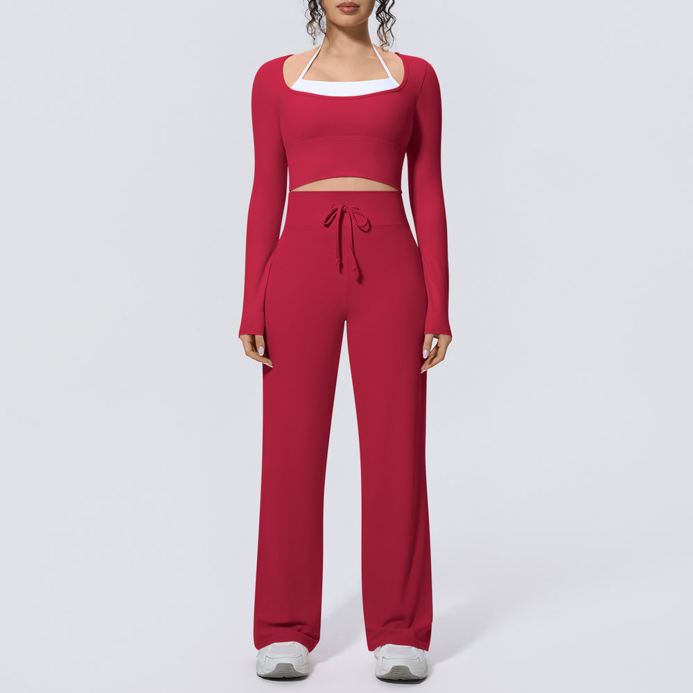 Naked feel quick-drying tight-fitting yoga clothes fake two-piece with chest pad sports long sleeves drawstring wide-leg running fitness suit for women