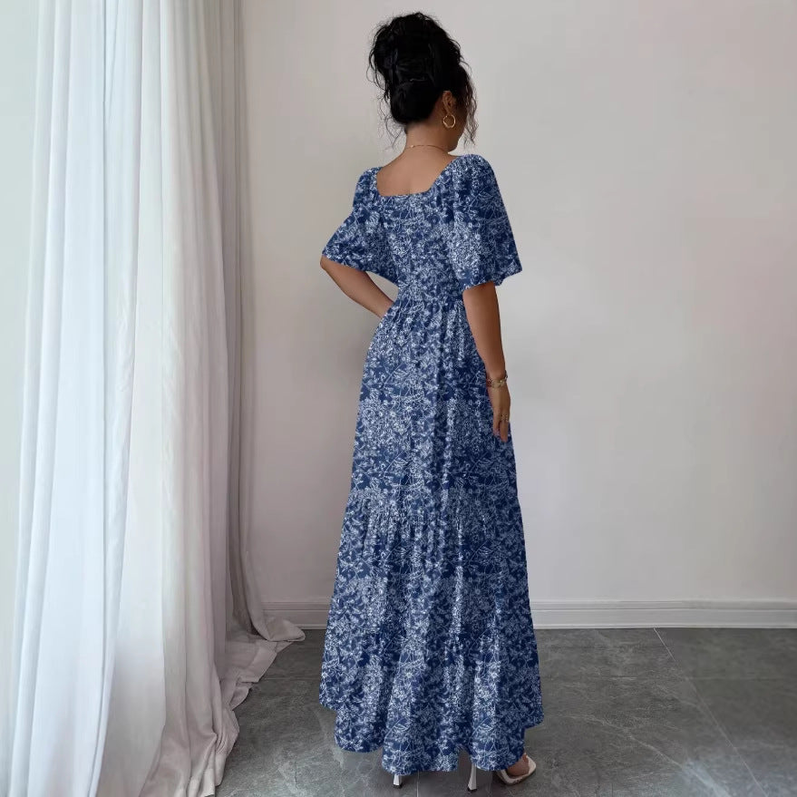 new cross-border bubble sleeve v-neck square neck summer dress