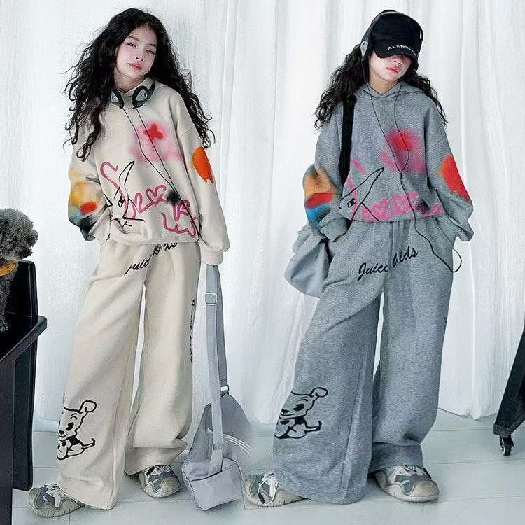 Girls'  new autumn outfit: designer set for mid-to-large children - wide-leg pants, stylish and loose-fitting two-piece set for girls