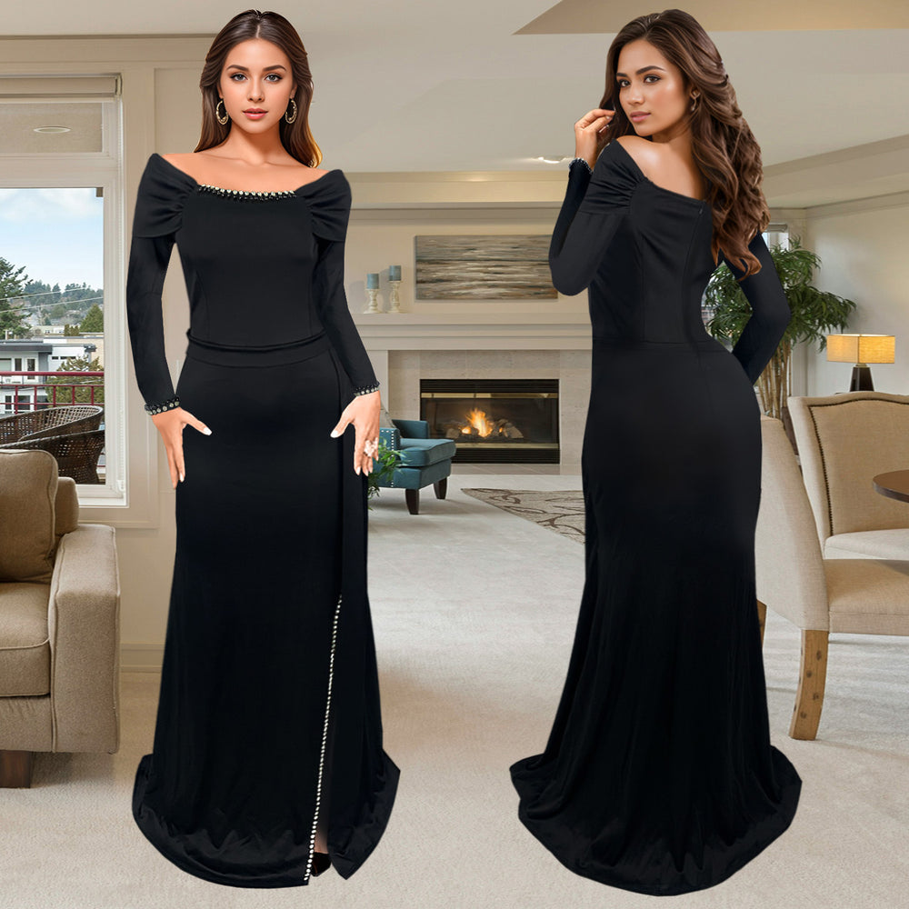 C7283 cross-border   fashion women's elegant slit-midriff evening gown dress
