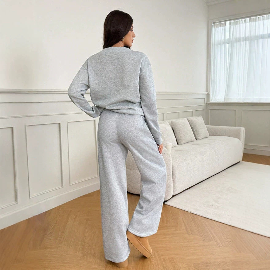 European and american  fall/winter new women's two-piece set: high-neck long sleeve top and wide-leg high-waisted pants casual sweatshirt set