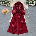 Frenchclassy heavy industry beading stereo flower lapel long sleeves single breasted strap waist elegantdress women