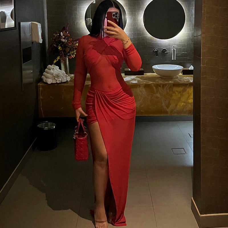 Fashion style cross-border pure color women's clothing chest-wrapped pleated slit hip-covering skirt see-through sexy high collar long sleevesdress trendy